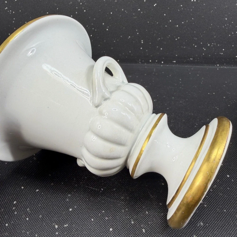 Mottahedeh Italy Porcelain Footed Urn Vase Bowl White Gold Trim Double Handle